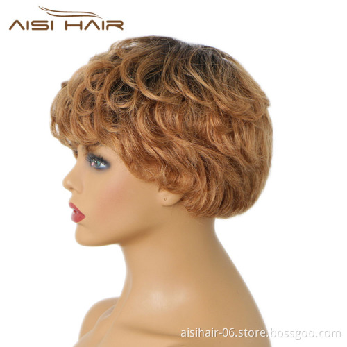 Aisi Hair Glueless Natural Kosher Wigs Brazilian In Dubai 150% Density Ombre Brown Pixie Cut Curly Wave Wig Human Hair